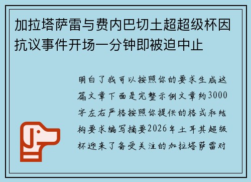 加拉塔萨雷与费内巴切土超超级杯因抗议事件开场一分钟即被迫中止
