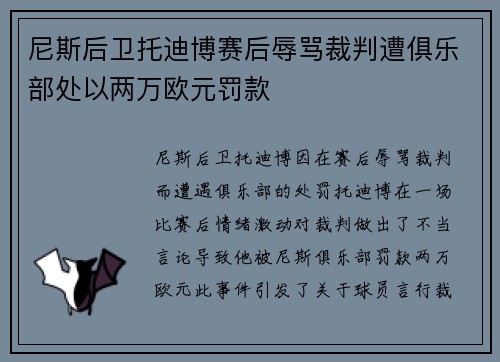 尼斯后卫托迪博赛后辱骂裁判遭俱乐部处以两万欧元罚款